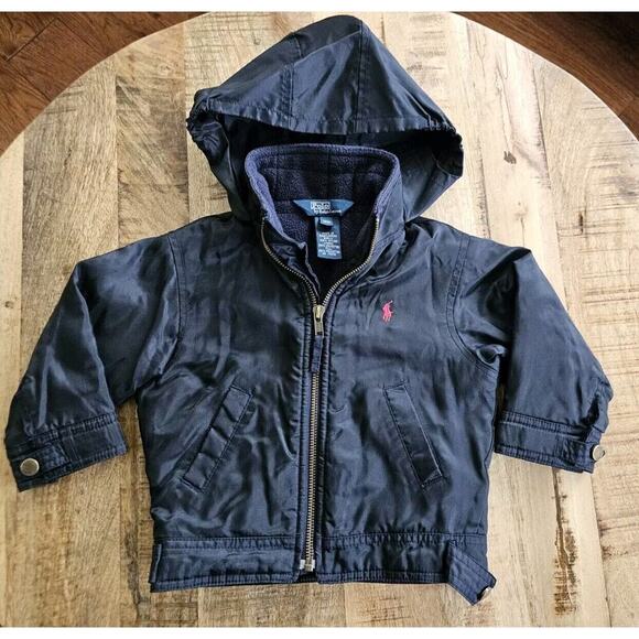Polo Ralph Lauren Infant 18 Months Fleece Hooded Bomber Jacket Navy Blue Preppy - Picture 1 of 6
